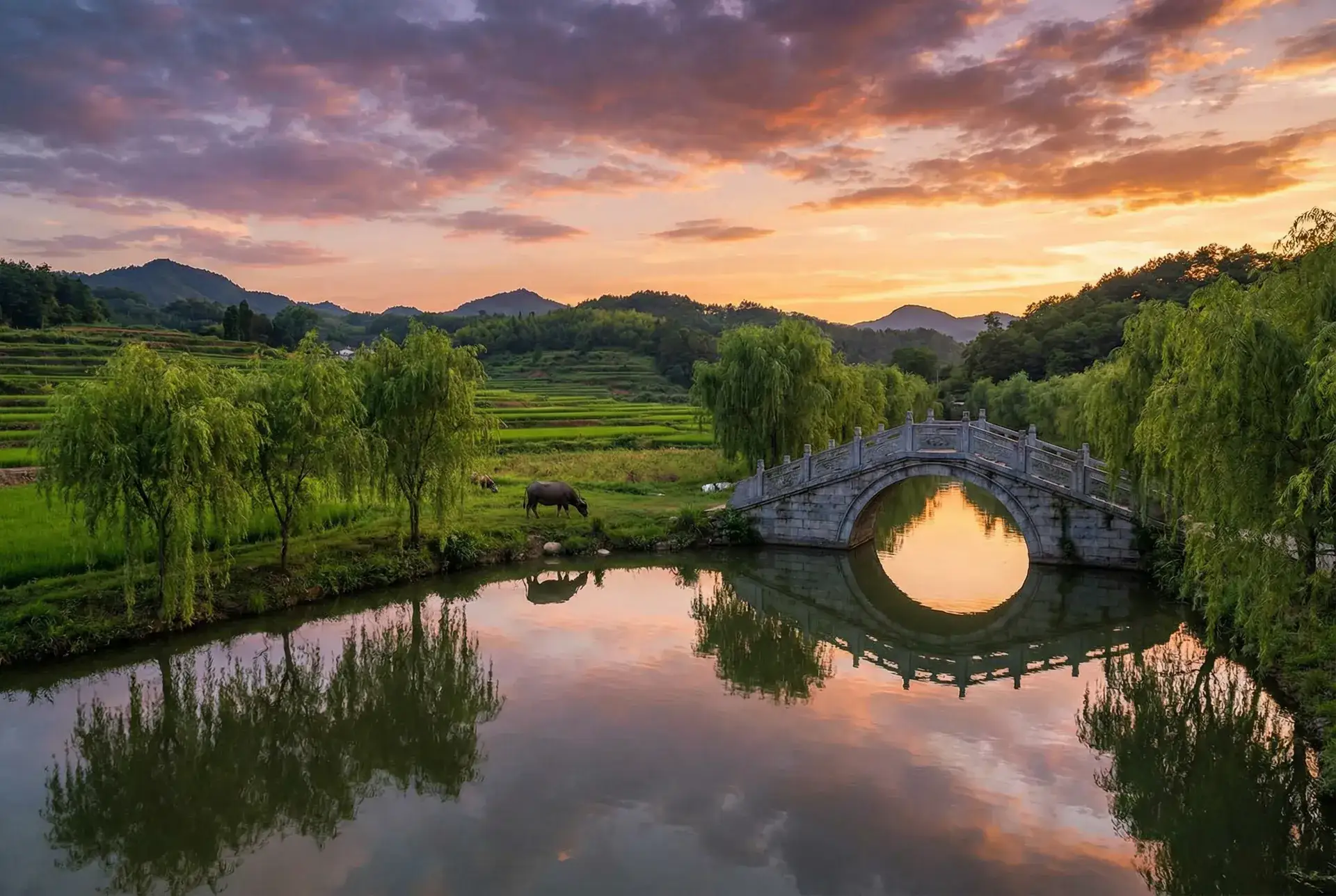 夕阳下的石拱桥与垂柳，水牛在河边吃草 - 日本大学sgu大二大三 乡村美景